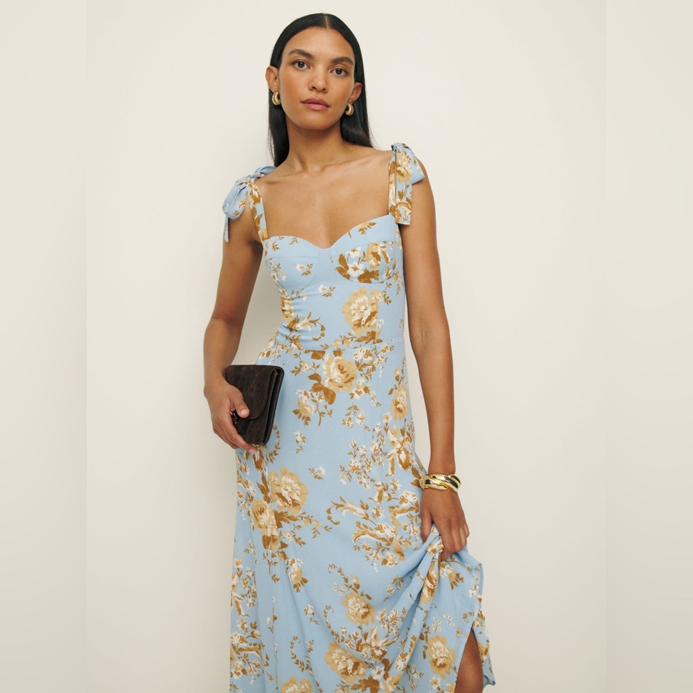 Reformation Light Blue and Gold Floral Midi Dress